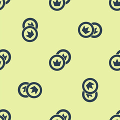 Blue Pirate coin icon isolated seamless pattern on yellow background. Vector