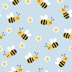 Seamless bee pattern. Vector illustration of bee and daisy on blue background. It can be used for wallpapers, wrapping, cards, patterns for clothes and other.