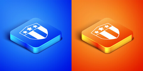 Isometric Shield with stars and stripes icon isolated on blue and orange background. United States of America country flag. 4th of July. USA Independence day. Square button. Vector