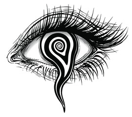 Isolated vector illustration of realistic human eye of a girl with liquefied swirls hypnotic iris.