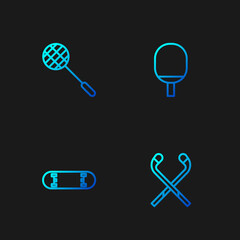 Set line Ice hockey sticks, Skateboard trick, Tennis racket and Racket for playing table tennis. Gradient color icons. Vector