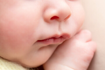 small nose and lips of a newborn. facial features of a child close up