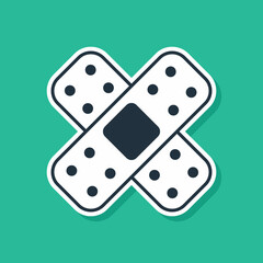 Blue Crossed bandage plaster icon isolated on green background. Medical plaster, adhesive bandage, flexible fabric bandage. Vector
