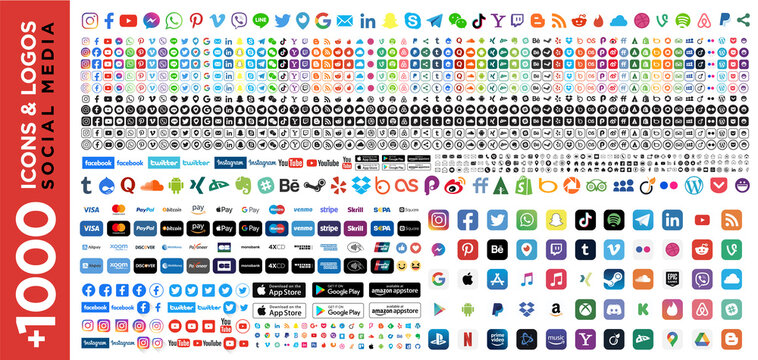 Collection social media logo: Facebook, twitter, instagram, youtube, linkedin, vimeo. Social media icons. Realistic set	