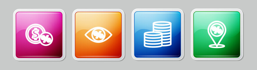 Set line Money coin with percent, Eye, Coin money and Location discount. Colorful square button. Vector
