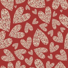 Pattern with lace texture hearts. Seamless print on red background