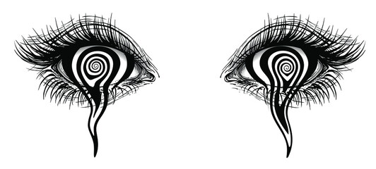 Concept vector illustration of realistic female eyes crying a spiral hypnotic iris.