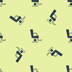Blue Barbershop chair icon isolated seamless pattern on yellow background. Barber armchair sign. Vector