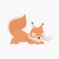 Scandinavian cute sleeping little squirrel. Hand drawn vector element for nursery decoration, baby shower, birthday, children's party, poster, invitation, postcard, kids clothes