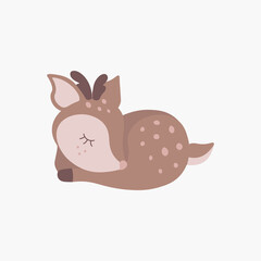 Scandinavian boho cute sleeping deer, fawn. Hand drawn vector element for nursery decoration, baby shower, birthday, children's party, poster, invitation, postcard, kids clothes