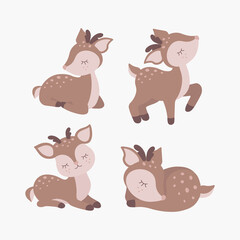 Scandinavian set of cute sleeping little baby deer. Hand drawn vector elements for nursery decoration, baby shower, birthday, children's party, poster, invitation, postcard, kids clothes
