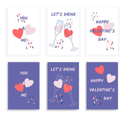 Set Valentine's Day greeting cards with line art champagne glasses, abstract shapes and slogans. Vector illustrations for season invitations, cards, posters and flyers.