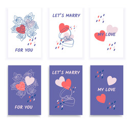 Set Valentine's Day greeting cards with line art roses, diamond ring, abstract shapes and slogans. Vector illustrations for season invitations, cards, posters and flyers.
