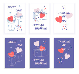 Set Valentine's Day greeting cards with line art gift box, champagne glasses, abstract shapes and slogans. Vector illustrations for season invitations, cards, posters and flyers.
