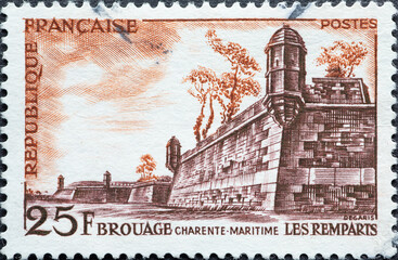 France - circa 1955: A post stamp from France showing the ramparts of Brouage