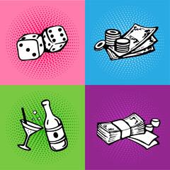 Pop art casino set with dice and chips and money win and celebration_gambling