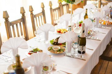 Holiday event celebration served table with cake in the banquet hall Russian European cousine 
