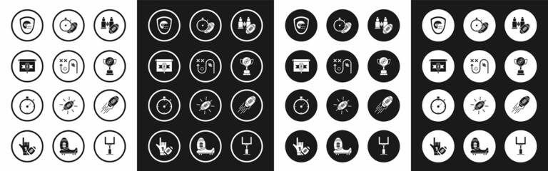 Fototapeta premium Set Binoculars and american football ball, Planning strategy concept, American tv program, helmet shield, Award cup, Football stopwatch, and Stopwatch icon. Vector