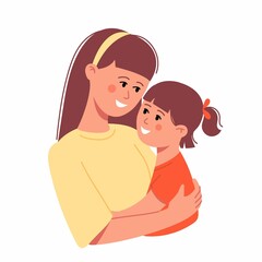 Mom hugs daughter, young woman and little girl embrace, smiling parent, happy motherhood, mother day. Feminine happiness, parental care and love concept sketch. Hand drawn vector illustration