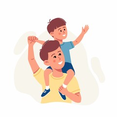 Happy Father's Day. Cheerful son sits on the shoulders of his father. Love concept. Father and son having fun and playing. Happy family vector concept. 