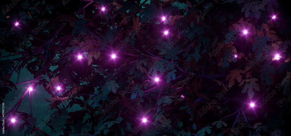 Wall mural Sci Fi Futuristic Glowing Purple Fairy Lights Neon Fluorescent In Dark Fresh Vibrant Leaf Bush Night Realistic Magical Background 3D Rendering