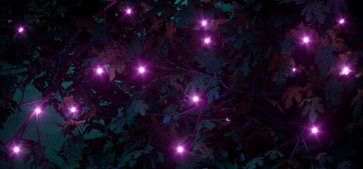 Sci Fi Futuristic Glowing Purple Fairy Lights Neon Fluorescent In Dark Fresh Vibrant Leaf Bush Night Realistic Magical Background 3D Rendering