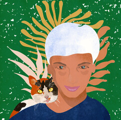 Fototapeta premium Ilustracja portret kobiety z szylkretowym kotem na ramieniu
