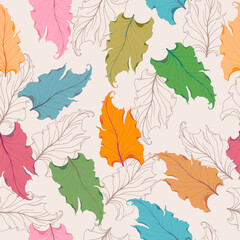 Vector illustration. Seamless pattern of colored leaves on a light background.