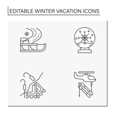 Winter vacation line icons set. Crystal ball, ice climbing, eli skiing. Christmas presents. Special date. Celebration concept. Isolated vector illustration. Editable stroke
