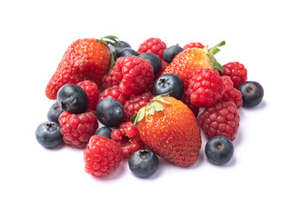 Raspberries, strawberries and blueberries isolated over white background
