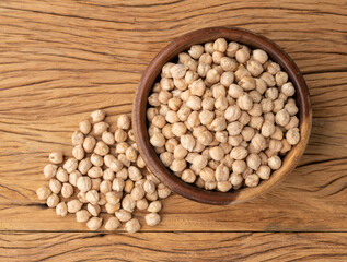 Raw chickpeas on a bowl over wooden table