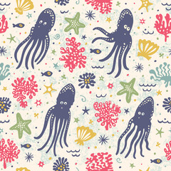 Seamless pattern with red hearts on a blue background.