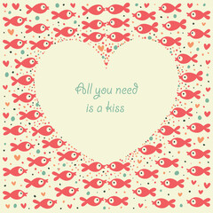 Romantic card with red fish and heart.