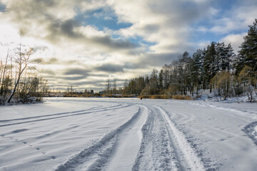 Fototapeta na wymiar Winter landscape with trees and a lake in the Leningrad region.
