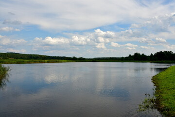A view of a vast lake or river with a small sandy beach located next to it and almost covered with shrubs, trees, and other flora seen on a sunny summer day on a Polish countryside during a hike