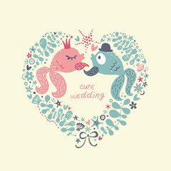 My love. Cute postcard or print with fish and heart.