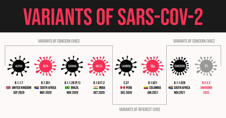 Coronavirus Variants of SARS-CoV-2 WHO names from the Greek alphabet alpha, beta gamma, delta, lambda mu and omicron mutation. flags of the countries where they were first found COVID-19