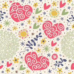 Simple seamless pattern with hearts and flowers.