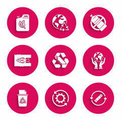 Set Recycling plastic bottle, Solar energy panel, Battery with recycle symbol line, Human hands holding Earth globe, Recycle bin, Stop ocean pollution, No and Bio fuel canister icon. Vector
