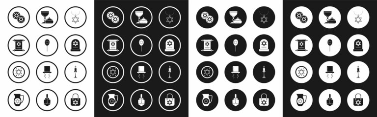 Set Star of David necklace on chain, Balloons with ribbon with star david, Torah scroll, Jewish coin, Tombstone, goblet and hanukkah sufganiyot, Burning candle candlestick and icon. Vector