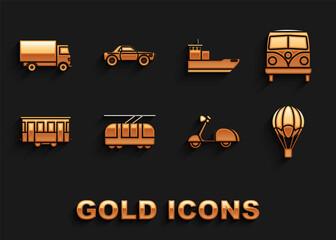 Set Tram and railway, Retro minivan, Hot air balloon, Scooter, Old city tram, Cargo ship, Delivery cargo truck vehicle and Sedan icon. Vector
