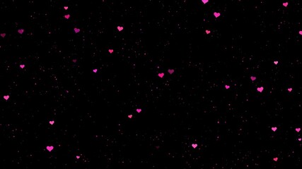 Seamless loop pink small heart symbols moving on black background with falling shimmering glitter particles concept valentine's day love animation background.