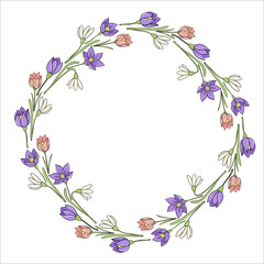 Round circle frame with spring flowers hand drawn for design