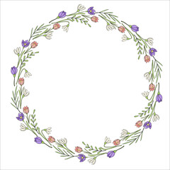 Round circle frame with spring flowers hand drawn for design