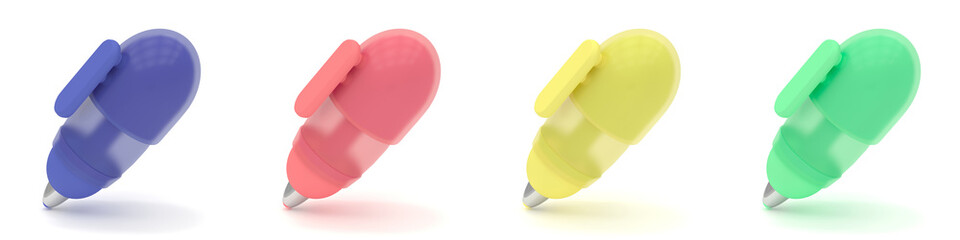 A set of stylized icons of pens in different colors with a large cap on a white background