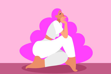 powerfully kneeling woman with pink hair