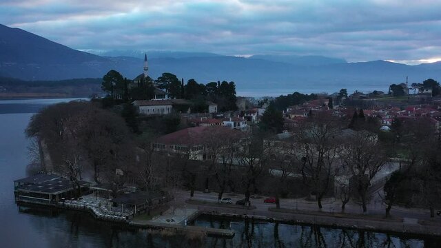 Aerial view of Ioannina city in Greece, Aslan Pasha Tzami, the lake with the island of Kyra Frosini or nissaki.