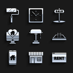 Set Table lamp, Hanging sign with text Online Rent, Swimming pool ladder, Mobile phone smart home, Monitor house heart shape, Sale and Paint roller brush icon. Vector
