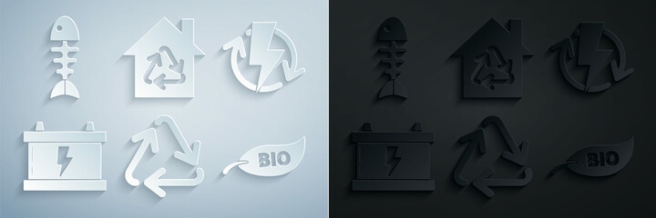 Set Recycle symbol, Recharging, Car battery, Leaf Bio, Eco House with recycling and Fish skeleton icon. Vector