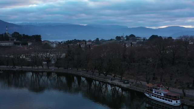 Aerial view of Ioannina city in Greece, Aslan Pasha Tzami, the lake with the island of Kyra Frosini or nissaki.